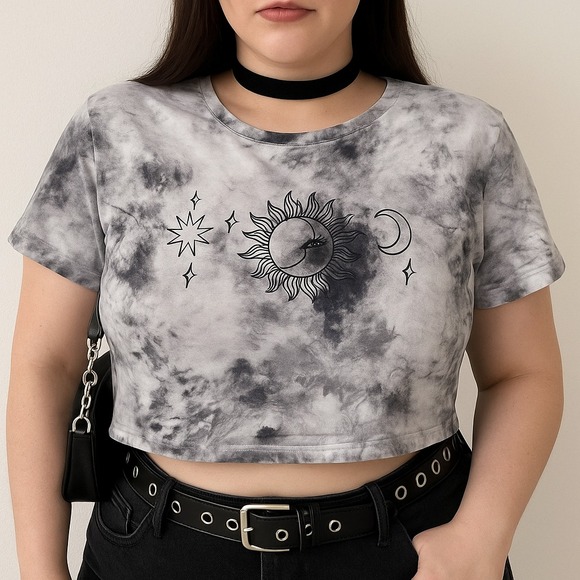 Y2K Grunge Womens 1X Tie Dye Celestial Sun Moon Graphic Crop Tee Festival - Picture 1 of 10